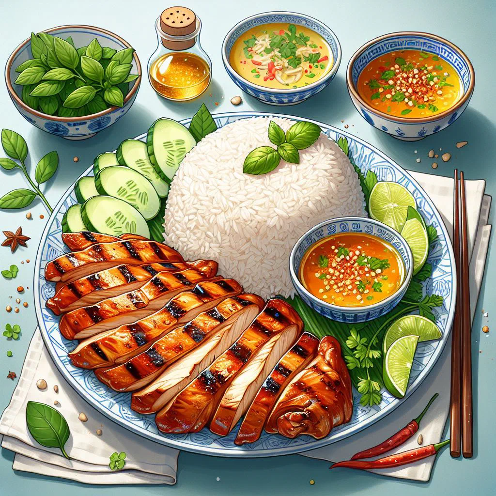 Grilled chicken served over jasmine rice with fresh herbs and lime