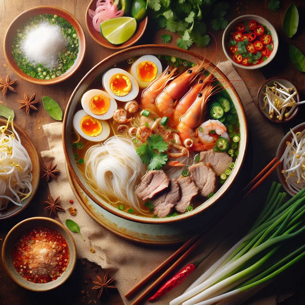 Bowl of Hu Tieu Nam Vang rice noodle soup with pork, prawns and fresh herbs