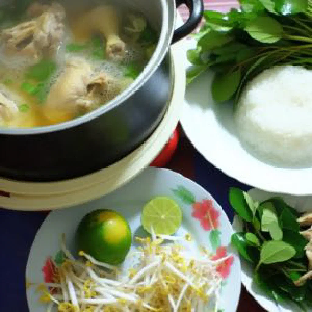 Aromatic Vietnamese chicken soup with fresh herbs and lime