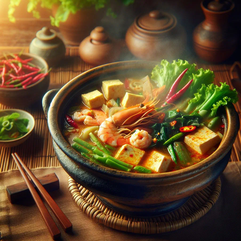 Vietnamese hot pot Lau Thai Chua Cay with simmering broth, vegetables and tofu