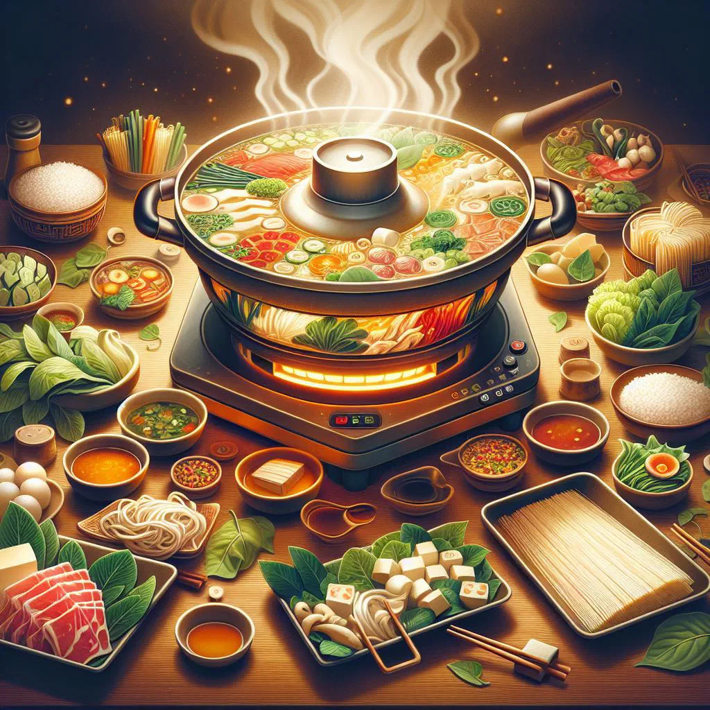 Vietnamese mixed hotpot Lau Thap Cam simmering with prawns, squid and fresh vegetables