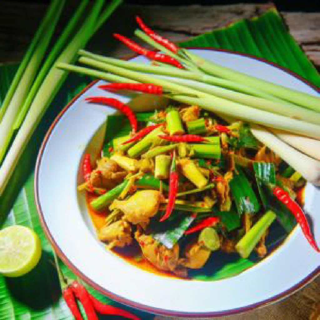 Vietnamese lemongrass chilli chicken stir-fry garnished with spring onions
