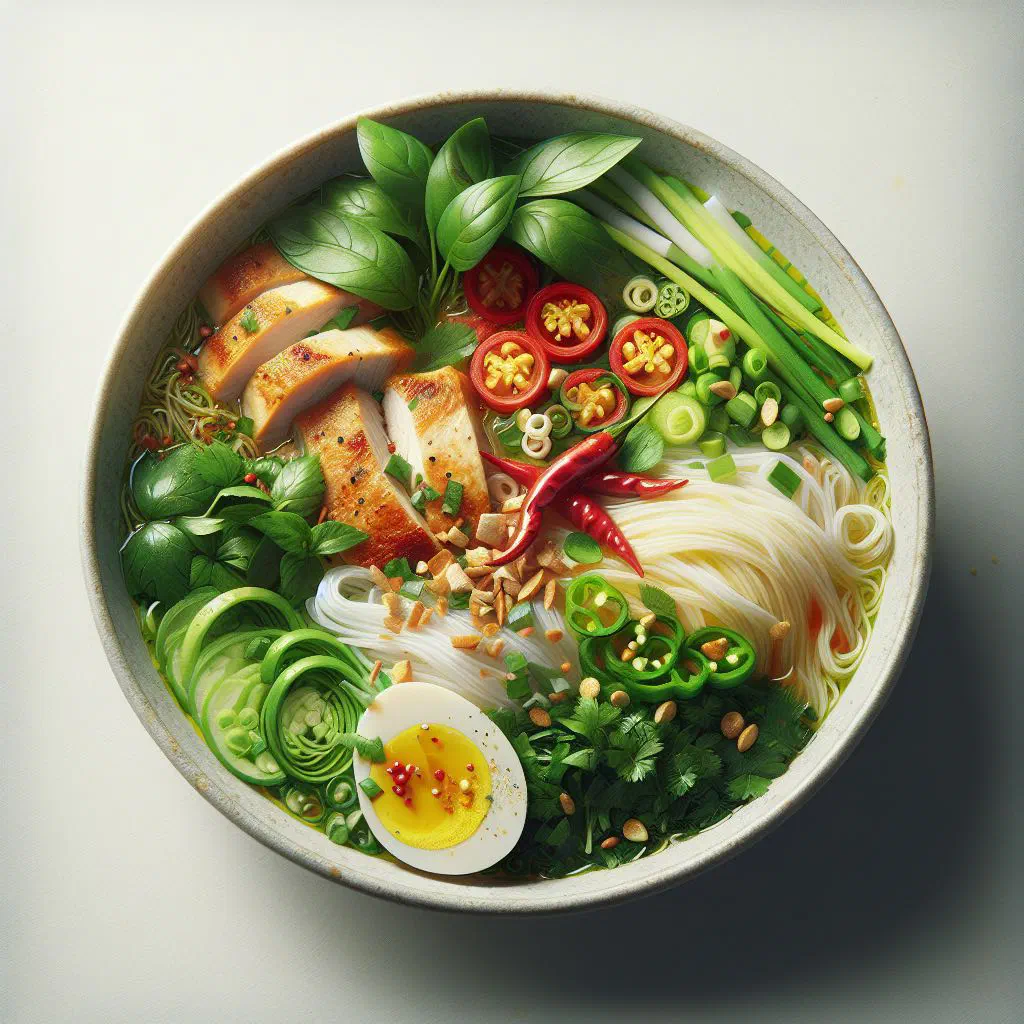 Bowl of Mi Quang with turmeric rice noodles, prawns, peanuts and fresh herbs