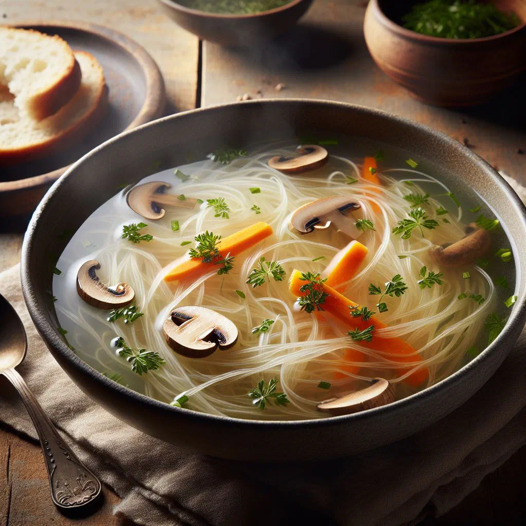 Bowl of Mien Ga glass noodle soup with chicken and fresh herbs