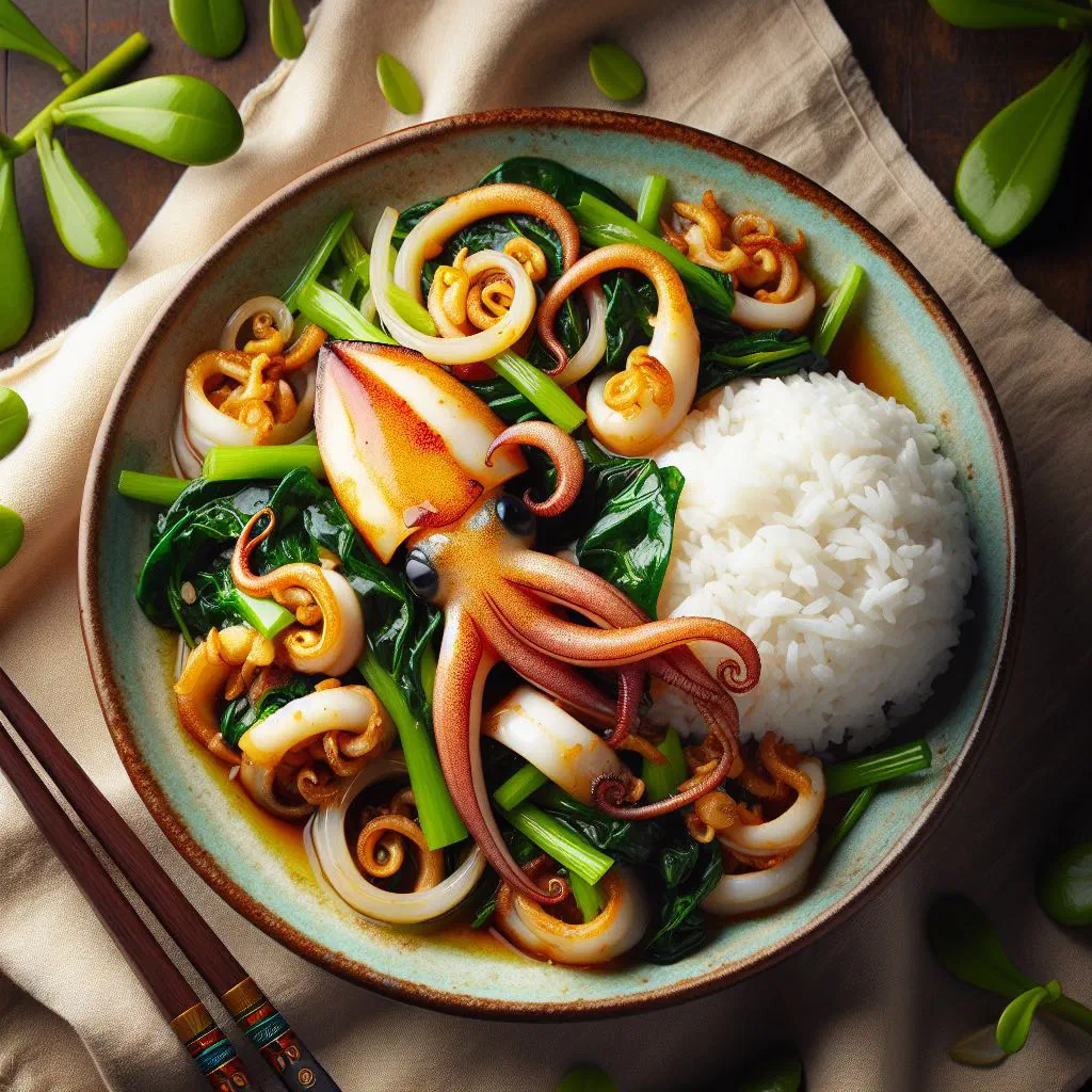 Stir-fried squid with peppers and courgette in a creamy coconut sauce, garnished with coriander