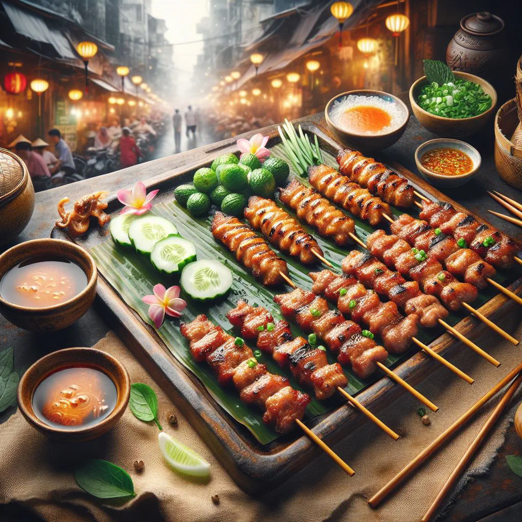 Grilled lemongrass pork skewers wrapped in rice paper with fresh herbs and peanut sauce