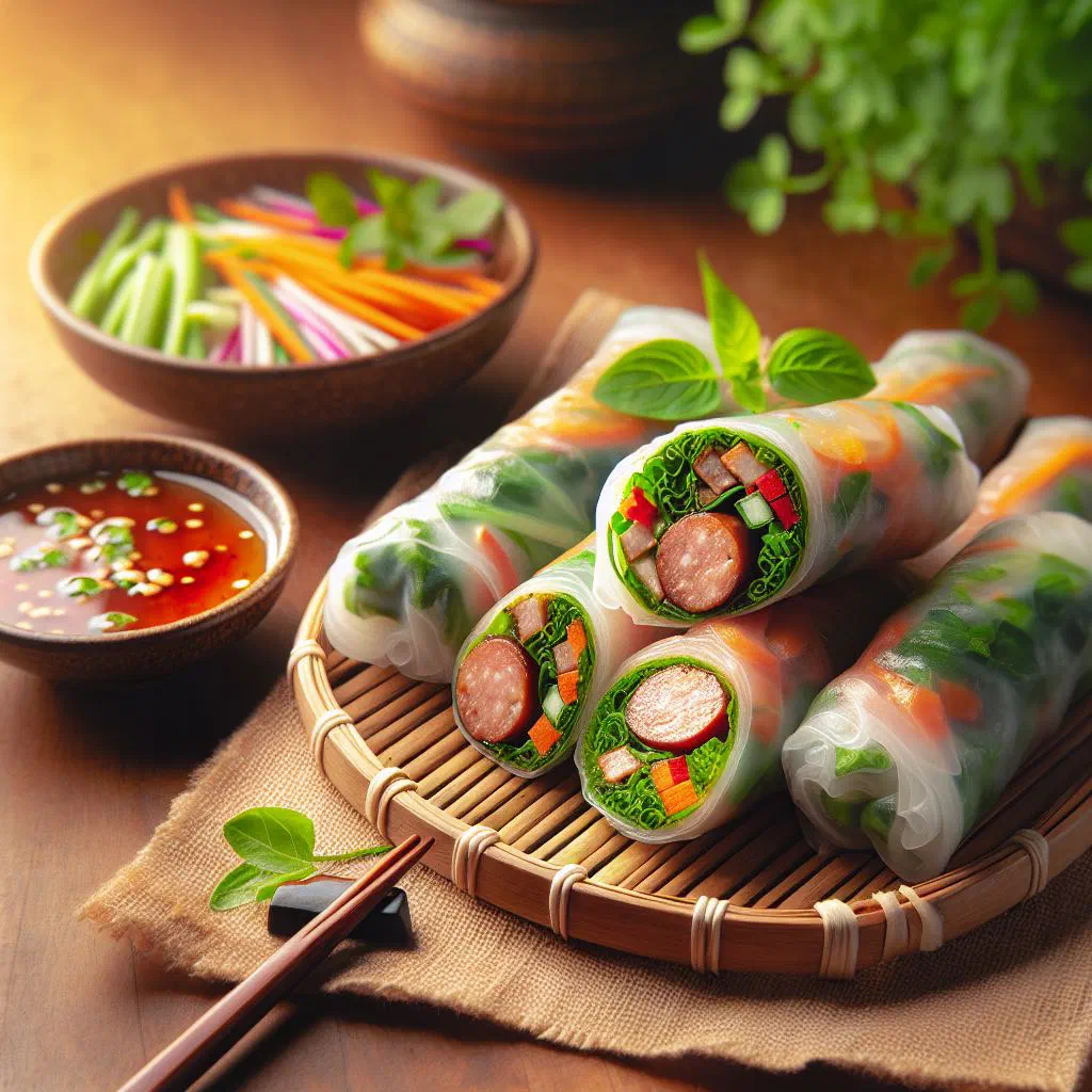 Vietnamese nem nuong cuon spring rolls with grilled pork and herbs served with peanut sauce