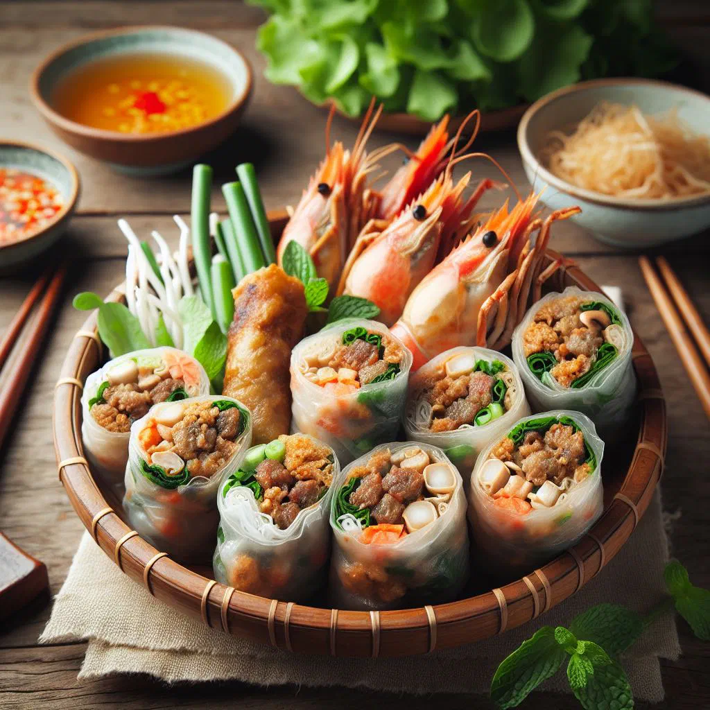 Crispy golden Vietnamese nem ran spring rolls with fresh herbs and dipping sauce