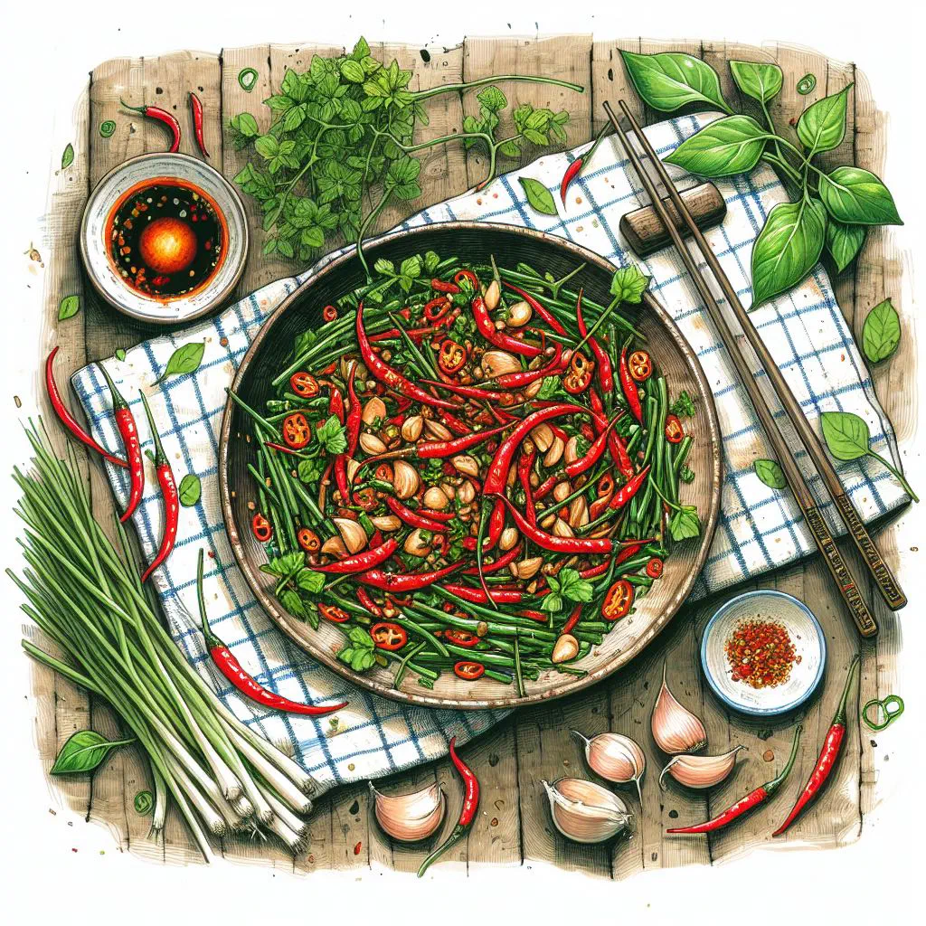 Stir-fried green peppers with crispy garlic in a wok