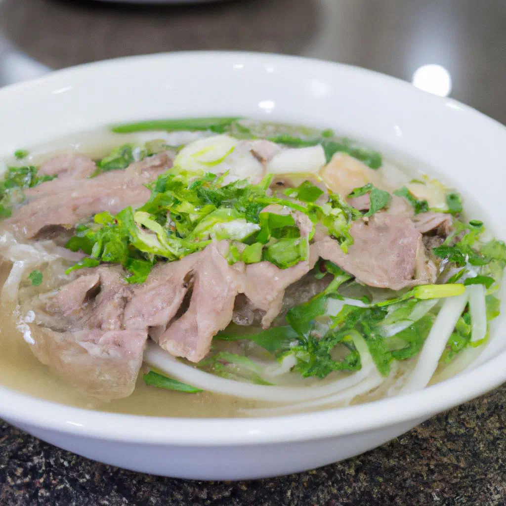 A steaming bowl of pho bo with rice noodles, sliced beef and fresh herbs