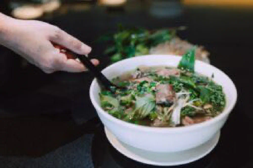 A steaming bowl of Vietnamese pho with rice noodles, sliced beef and fresh herbs