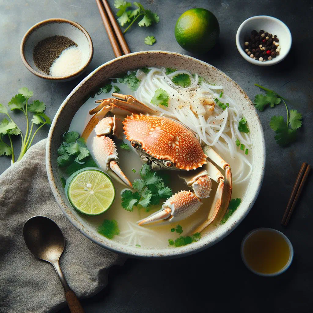 A steaming bowl of Vietnamese fish soup garnished with fresh herbs and lime