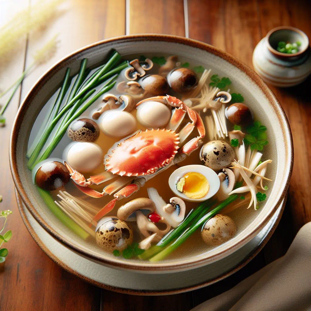 A bowl of Vietnamese crab soup garnished with fresh coriander and lime