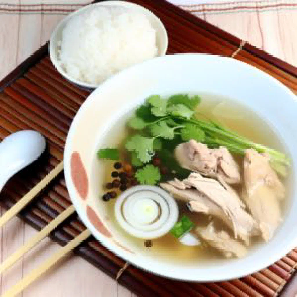 Vietnamese sup ga chicken soup garnished with fresh herbs and lime
