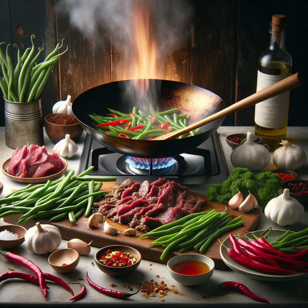 Vietnamese stir-fried beef with green beans garnished with fresh herbs