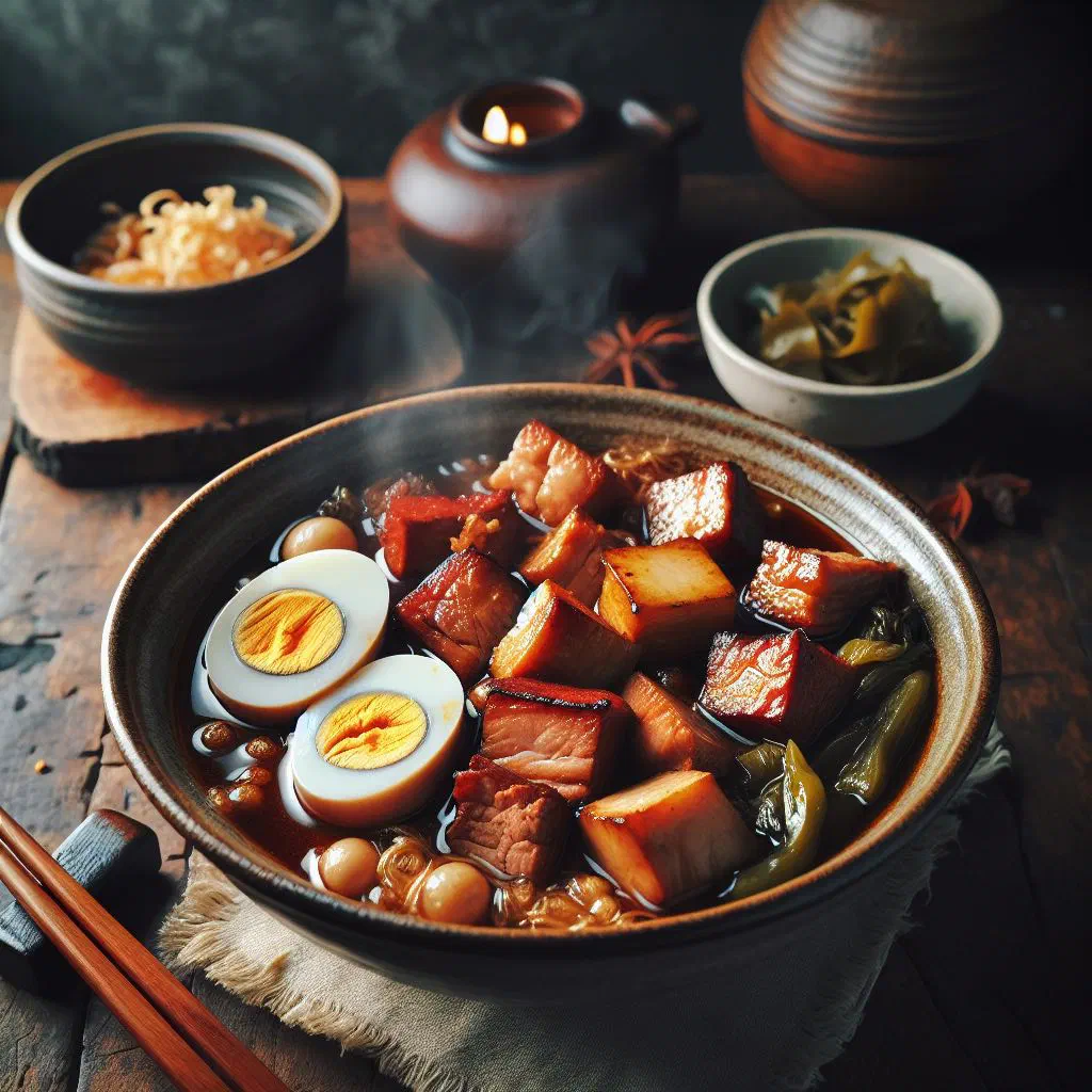 Vietnamese braised pork belly in glossy caramel sauce with eggs and spring onions