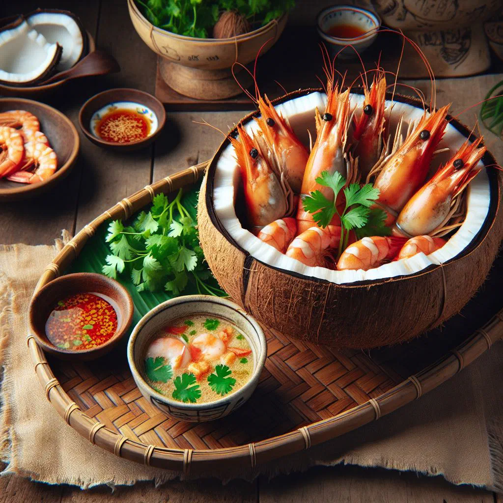Steamed prawns in coconut milk garnished with fresh coriander and lime