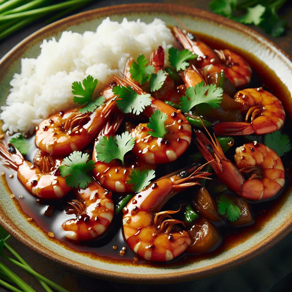 Caramelised prawns in a glossy sweet and sour sauce, garnished with fresh herbs