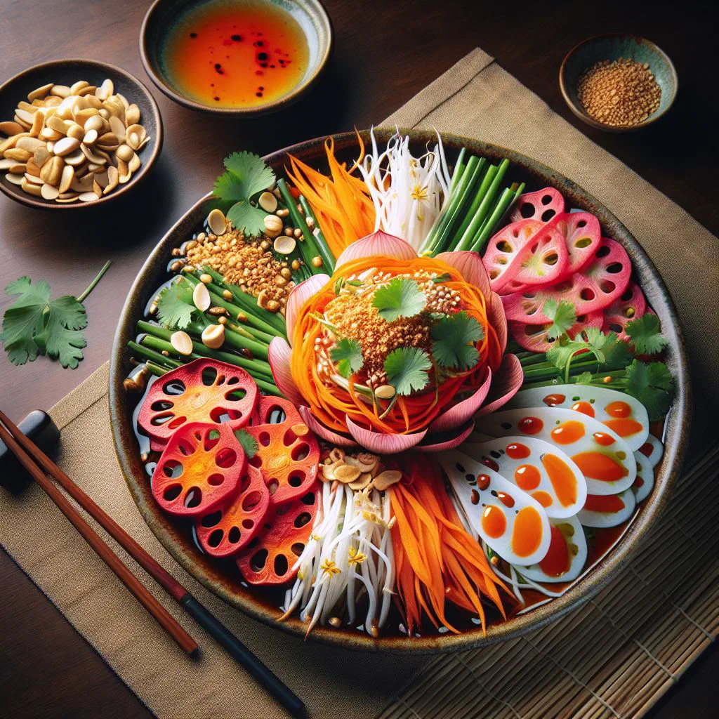 Vegan Vietnamese lotus root salad with carrot, cucumber and fresh herbs