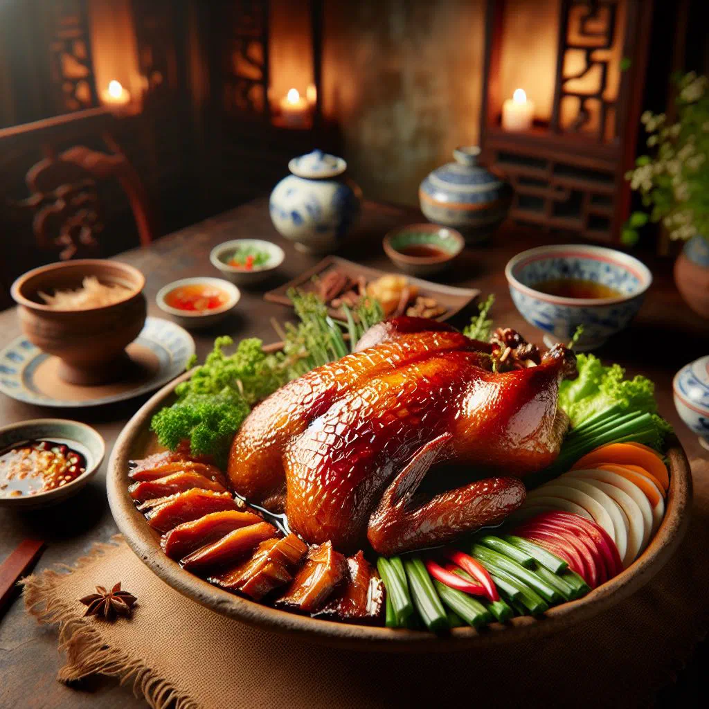 Crispy Vietnamese roast duck served with steamed rice and fresh herbs