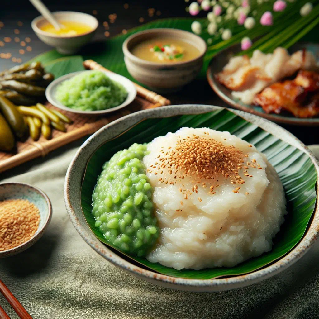 Steamed Vietnamese sticky rice xoi com served in a bowl with savoury toppings
