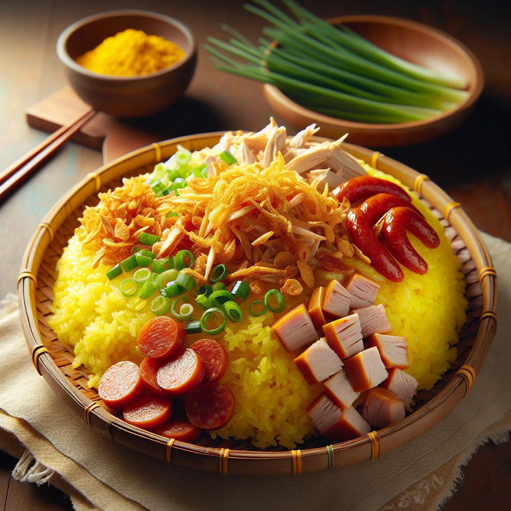 Vietnamese xoi man sticky rice topped with savoury meat, herbs and crispy shallots