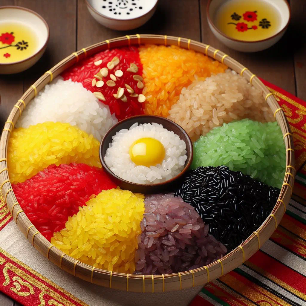Colourful Vietnamese five-coloured sticky rice arranged in vibrant sections