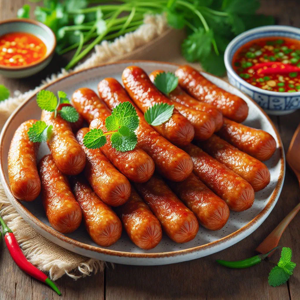 Crispy golden fried Vietnamese sausages served with fresh herbs and dipping sauce