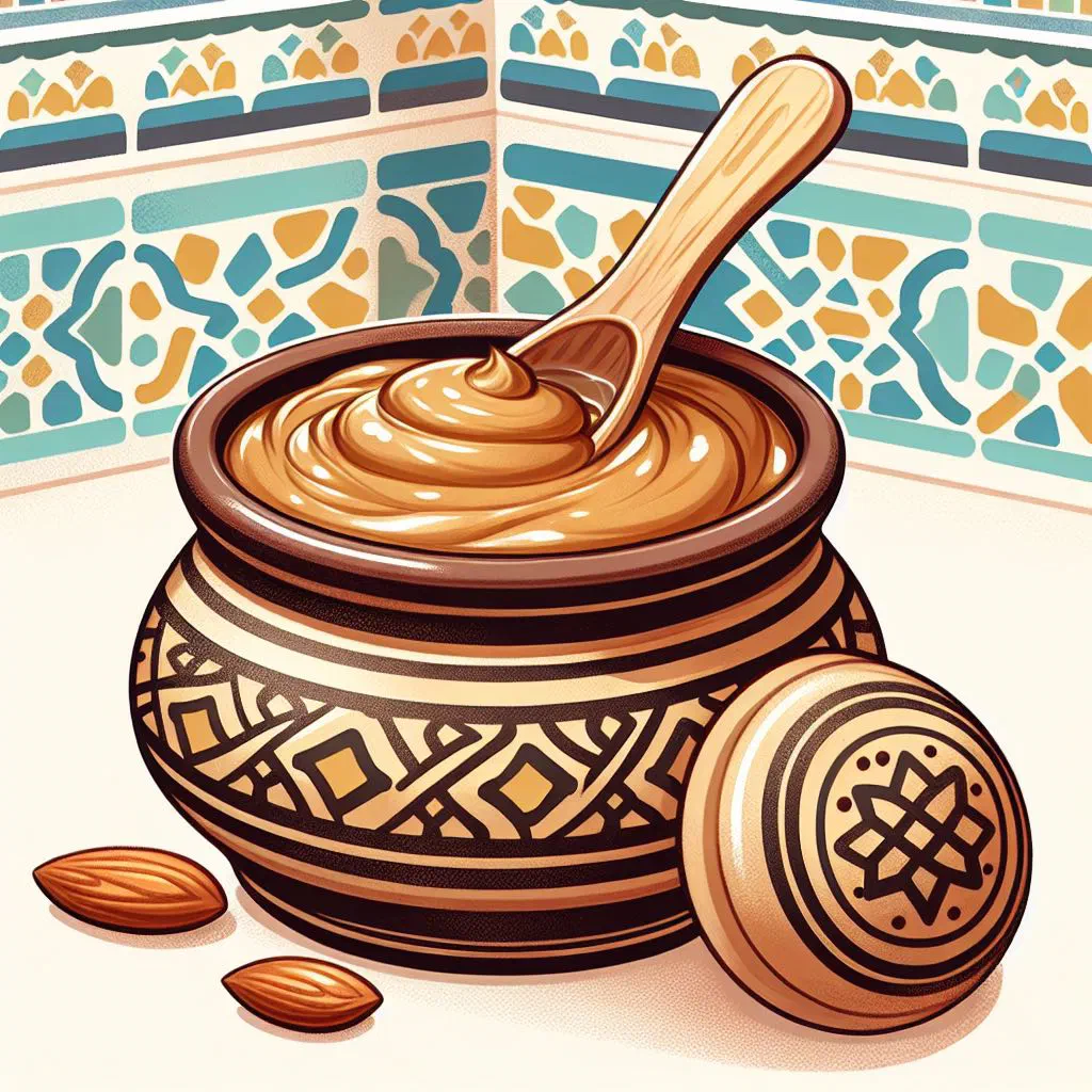 A bowl of creamy amlou almond paste drizzled with honey