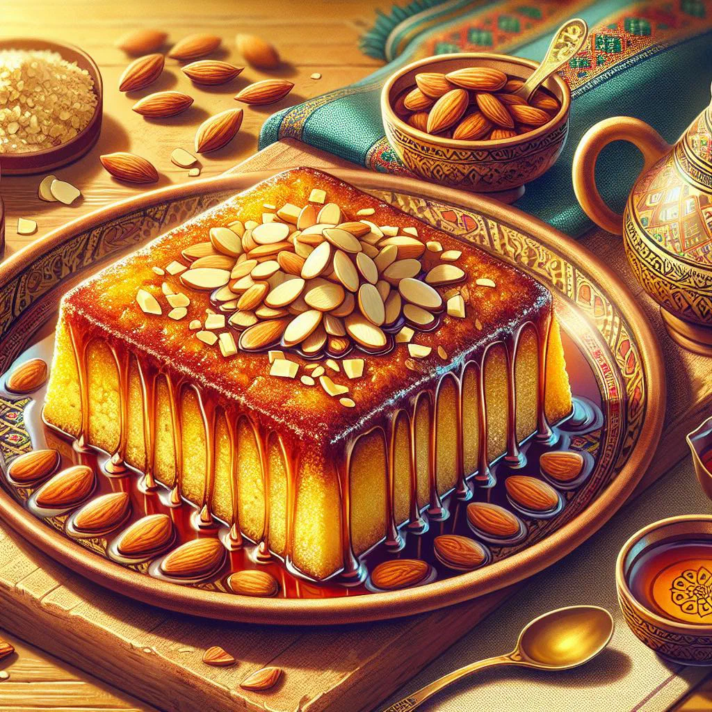 Golden basbousa squares topped with almonds and soaked in sugar syrup