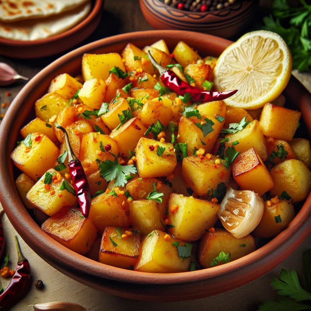 Crispy spiced potato cubes with chilli, garlic and fresh coriander