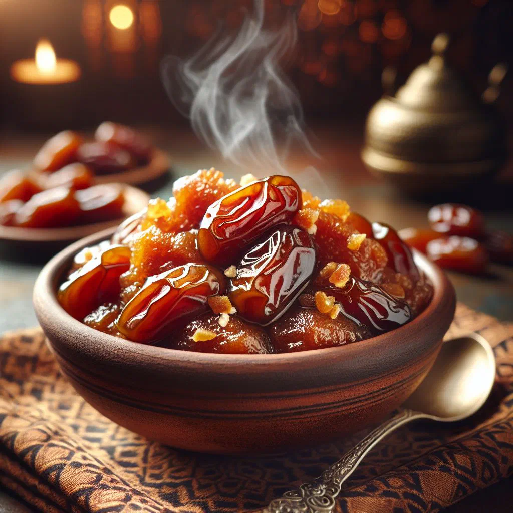 Squares of date halwa topped with chopped almonds
