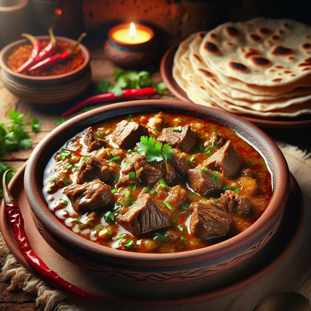 Fahsa lamb and chickpea stew served bubbling in a bowl with flatbread