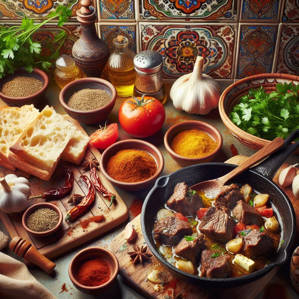 Layered Yemeni fattah with torn flatbread and rich meat sauce
