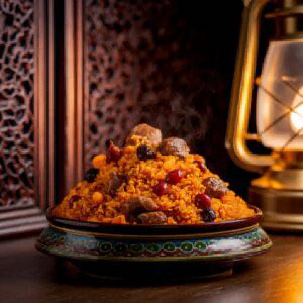 Slow-cooked Yemeni haradha meat stew garnished with fresh herbs