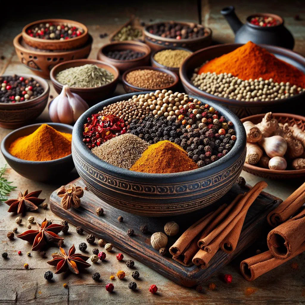 A bowl of golden Yemeni hawayij spice mix surrounded by whole spices