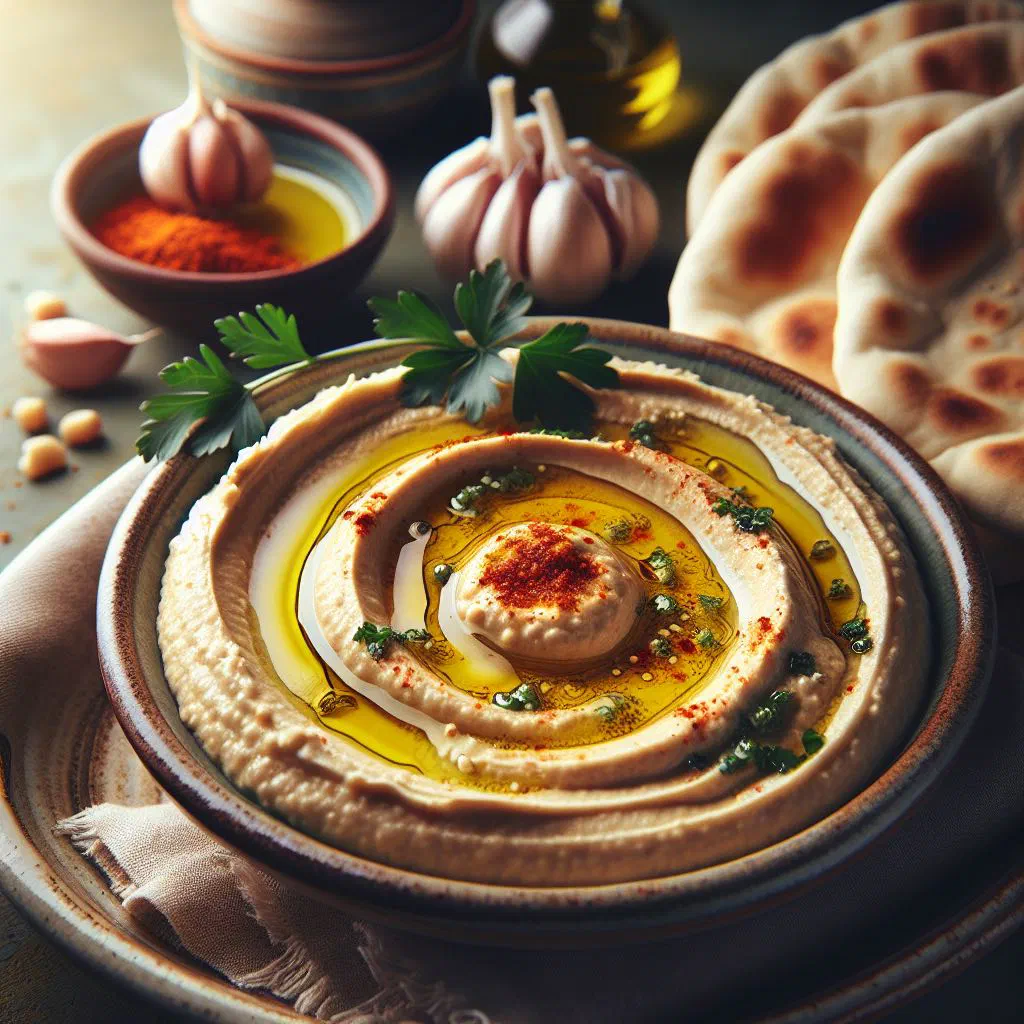 Creamy hummus bil-tahini drizzled with olive oil and dusted with paprika