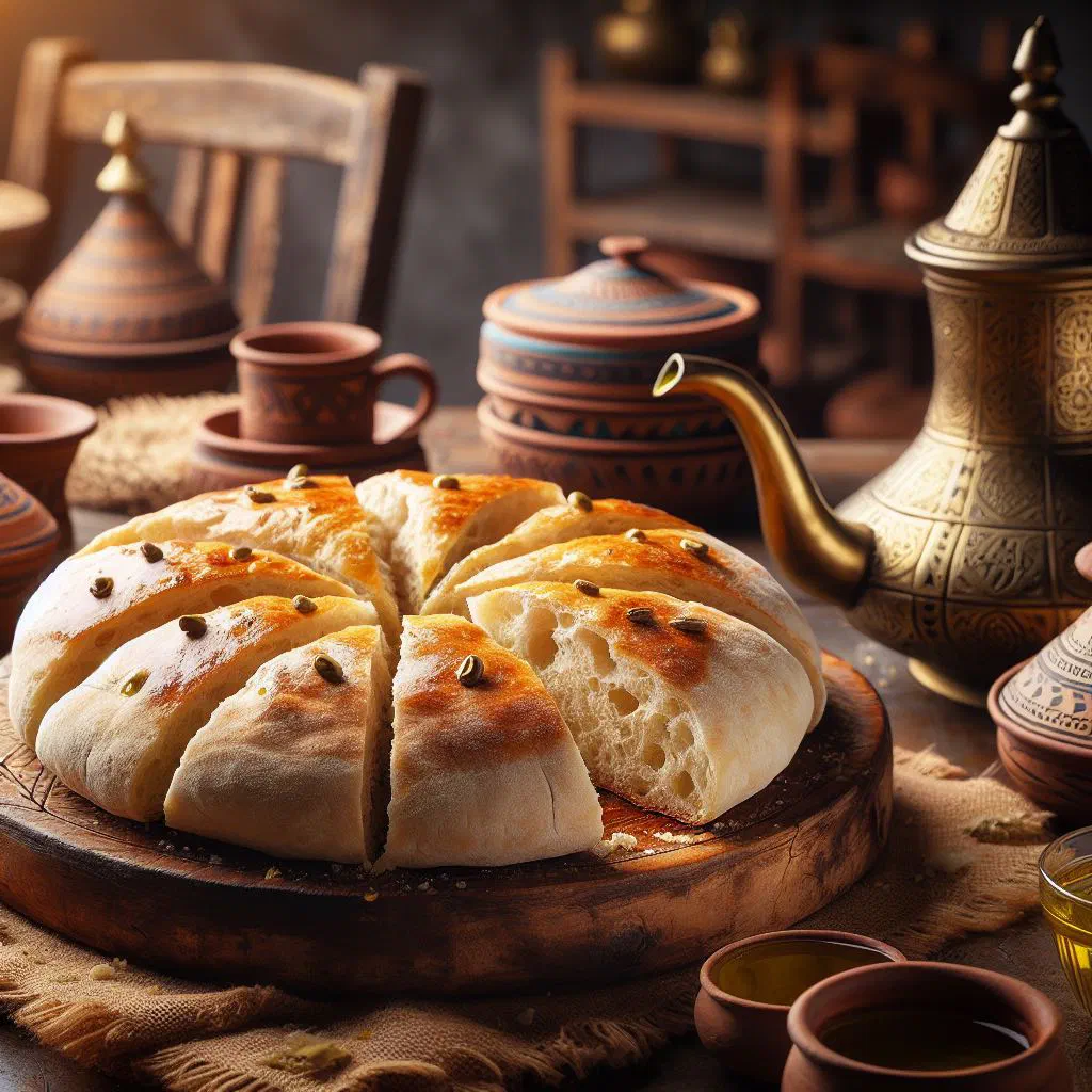 Golden Yemeni khobz mulawah flatbread served with olive oil