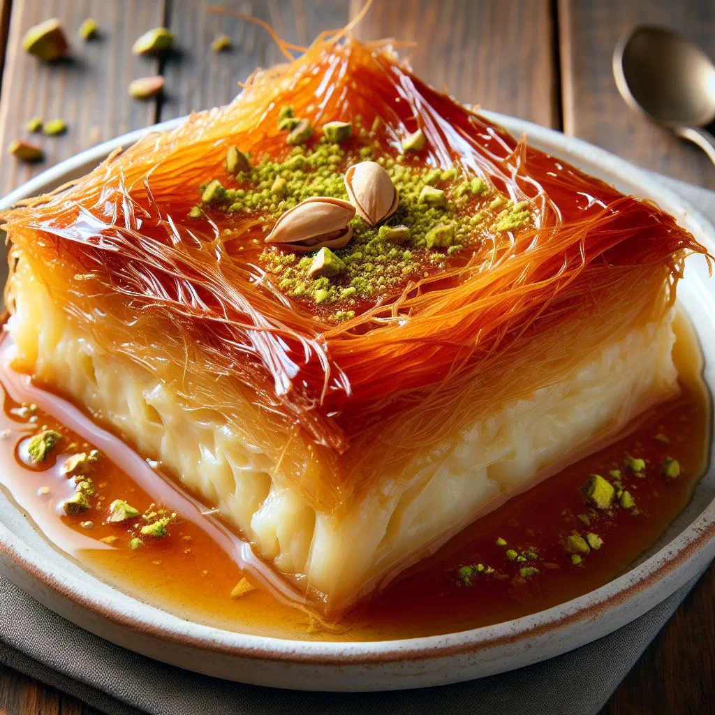 Golden baked knafeh soaked in syrup and topped with ground pistachios