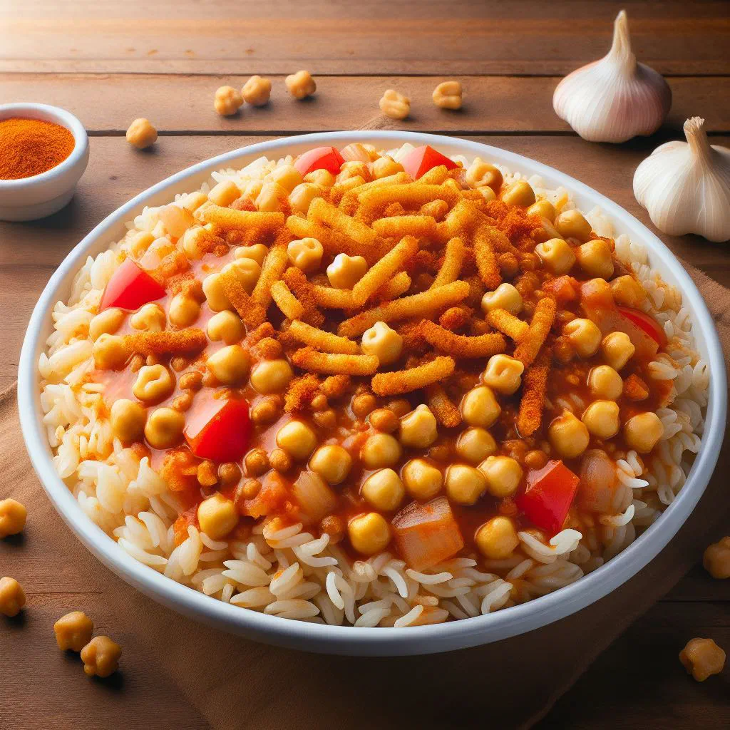 Bowl of koshari with rice, lentils, macaroni and spiced tomato sauce