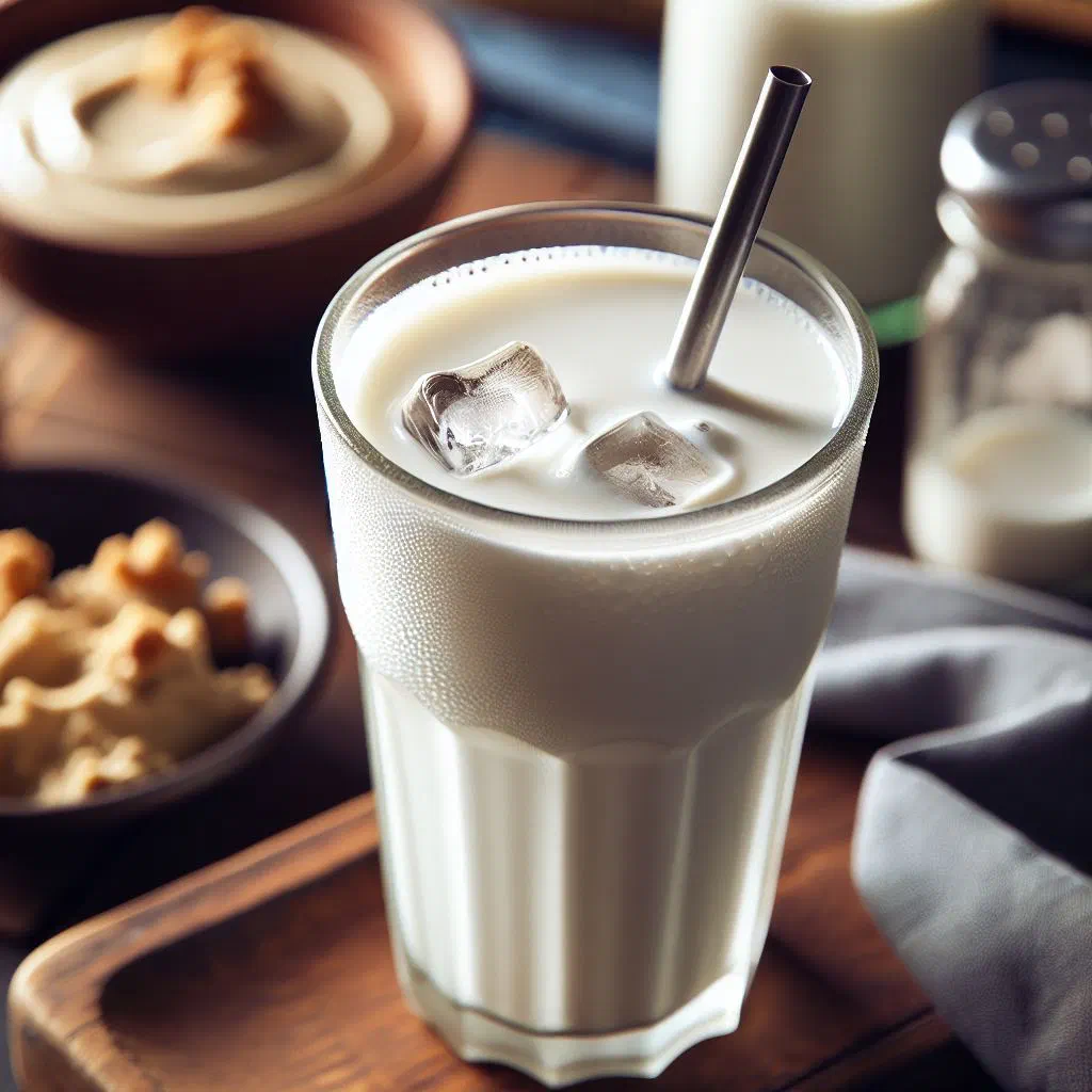 Chilled glass of laban yogurt drink garnished with fresh mint