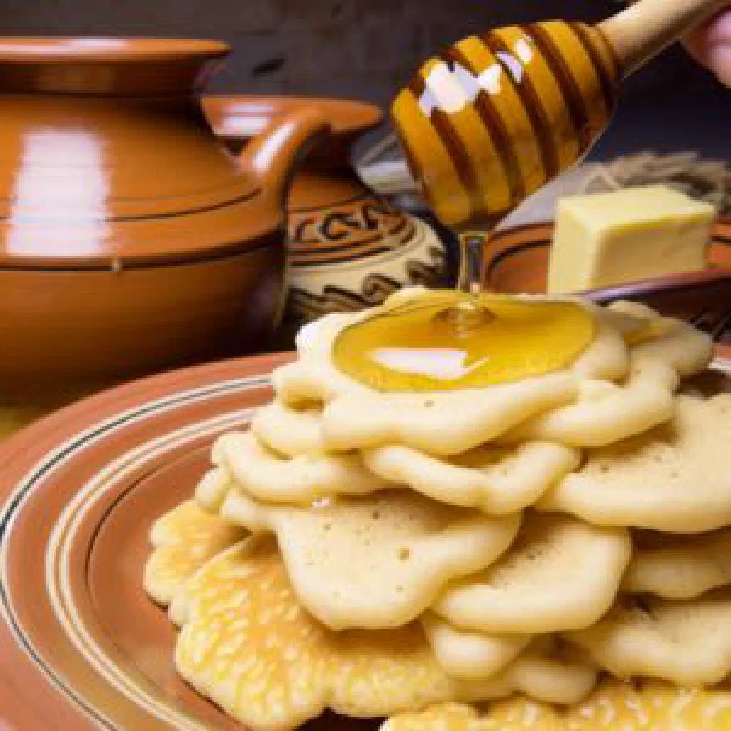 Stack of spongy Yemeni lahoh flatbreads on a plate