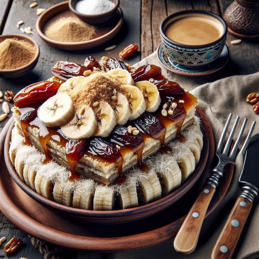 Bowl of Yemeni maasoob with mashed banana, yoghurt and dates