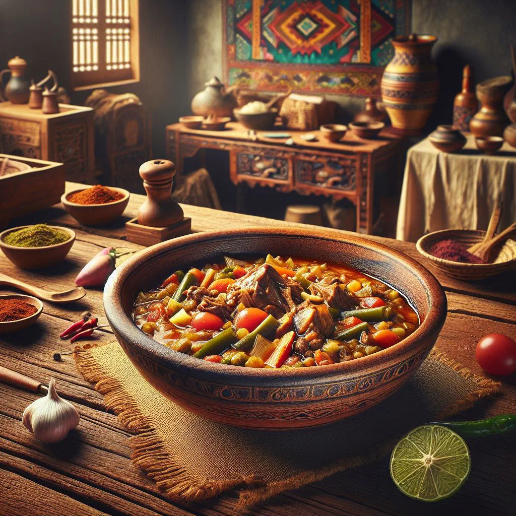 A steaming bowl of Yemeni maraq with tender meat, vegetables and fresh herbs
