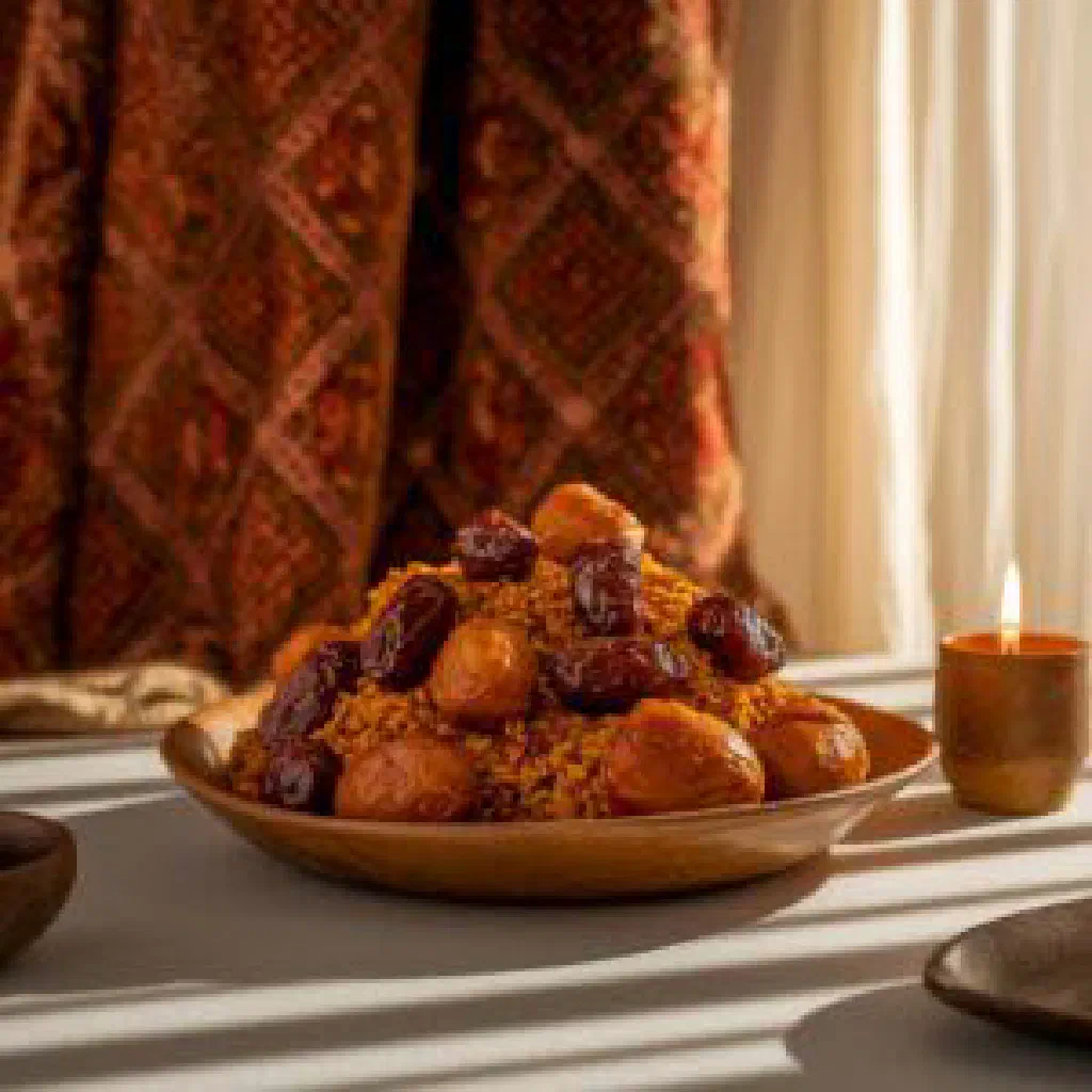 Mufatah with spiced rice and tender marinated lamb, garnished with fresh herbs