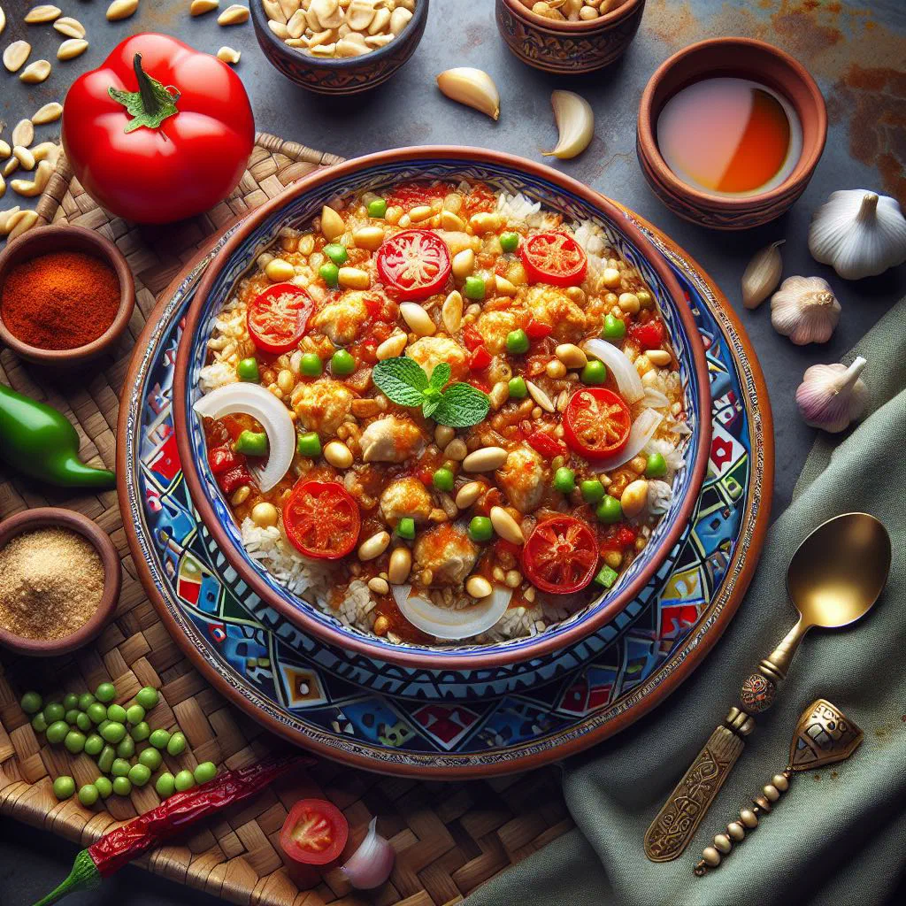 Yemeni mukhbaza with spiced meat, vegetables and fragrant rice on a platter