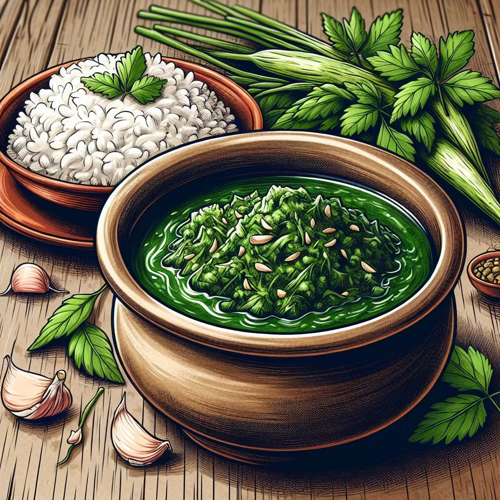 A bowl of green Mulukhiyah stew garnished with fresh coriander