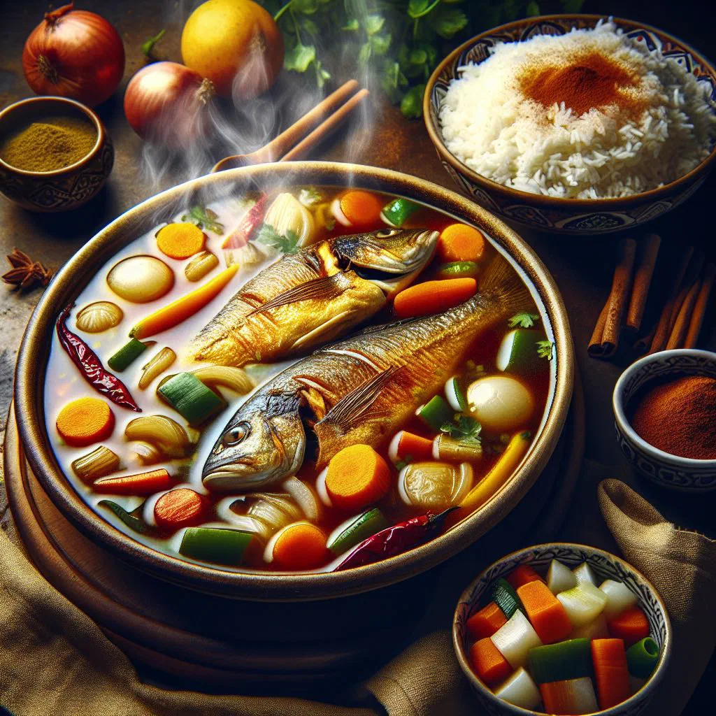 A steaming bowl of Yemeni fish soup garnished with fresh herbs and lemon