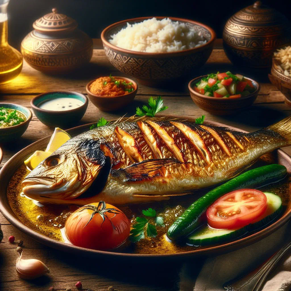 Whole grilled fish with lemon and fresh vegetables on a platter