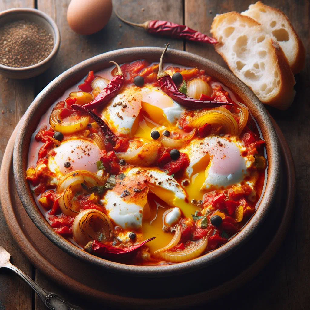 Shakshouka with eggs poached in a spiced tomato sauce